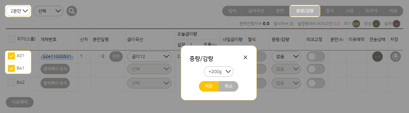 증량/감량 일괄설정 예시
